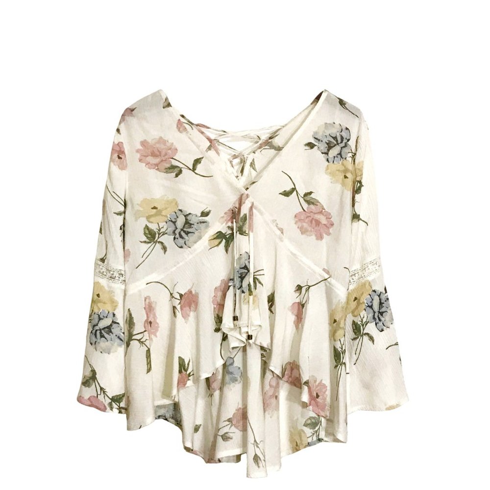 Crinkled Crepe Floral Printed Peasant Blouse